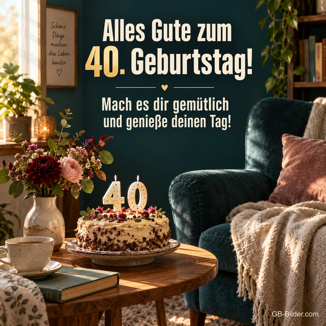 Torte mit 40-Kerzen in einer Leseecke, Text: Alles Gute zum 40. Geburtstag! Mach es dir gemütlich.