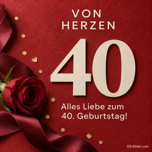 Papierzahl 40 mit roter Rose, Text: Von Herzen – Alles Liebe zum 40. Geburtstag!