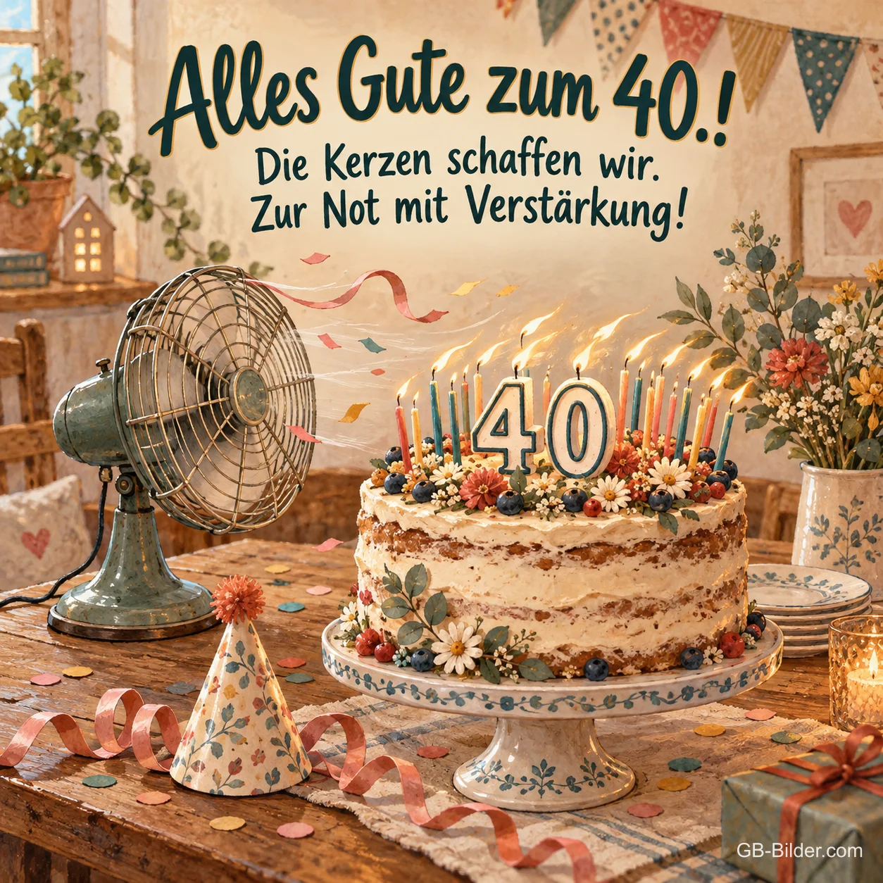 Ventilator neben einer Torte mit vielen Kerzen, Text: Alles Gute zum 40.! Die Kerzen schaffen wir. Zur Not mit Verstärkung! Ventilator neben einer Torte mit vielen Kerzen, Text: Alles Gute zum 40.! Die Kerzen schaffen wir. Zur Not mit Verstärkung!