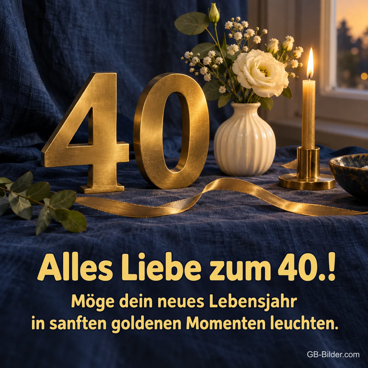 Goldene 40 mit Kerze auf blauem Samt, Text: Alles Liebe zum 40.! Goldene 40 mit Kerze auf blauem Samt, Text: Alles Liebe zum 40.!