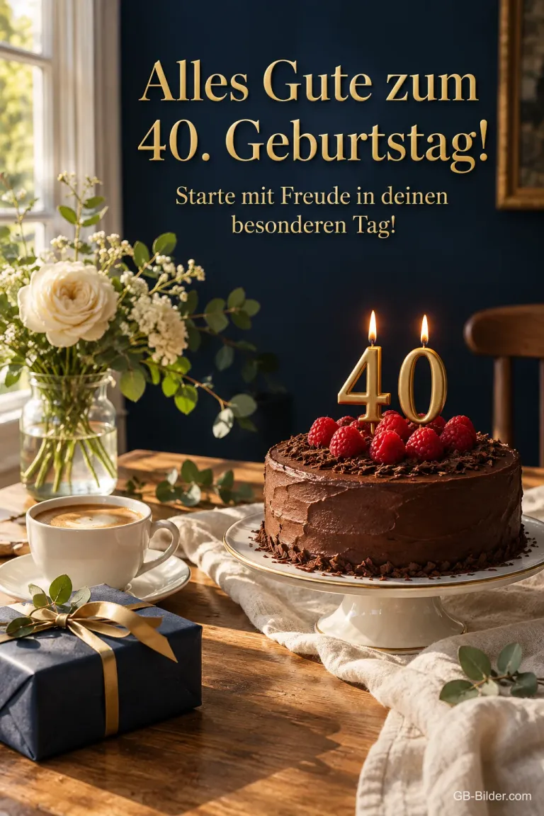 Schokoladentorte mit 40-Kerzen am Fenster, Text: Alles Gute zum 40. Geburtstag!