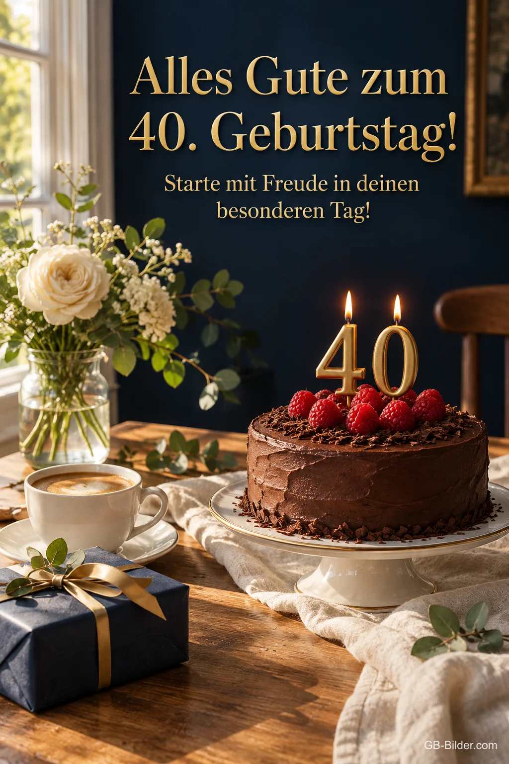 Schokoladentorte mit 40-Kerzen am Fenster, Text: Alles Gute zum 40. Geburtstag! Schokoladentorte mit 40-Kerzen am Fenster, Text: Alles Gute zum 40. Geburtstag!