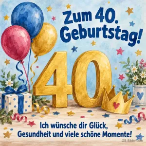 Goldene 40 mit Krone und Luftballons, Text: Zum 40. Geburtstag!