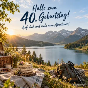 Picknick mit Torte an einem Bergsee, Text: Hallo zum 40. Geburtstag! Auf dich und viele neue Abenteuer!