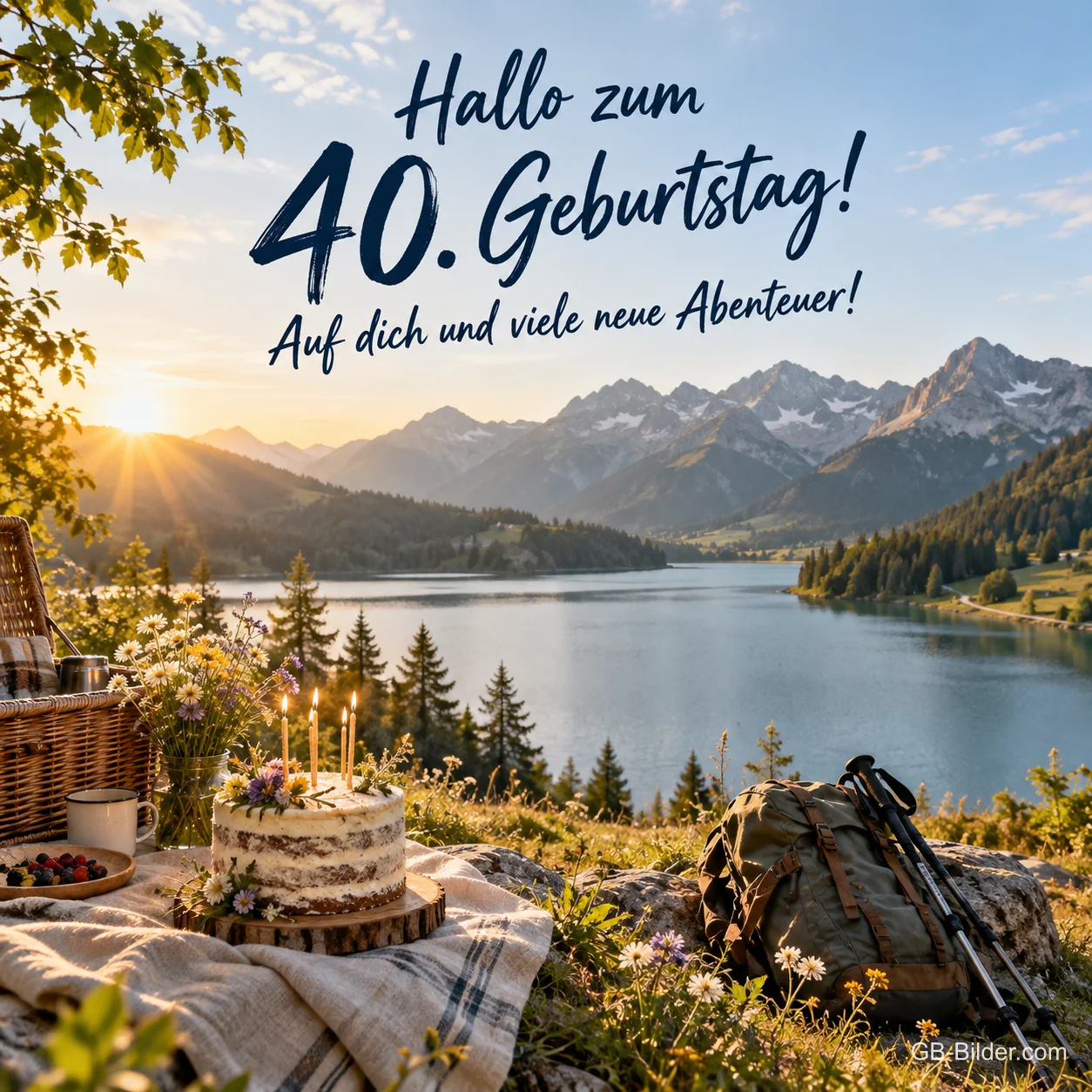 Picknick mit Torte an einem Bergsee, Text: Hallo zum 40. Geburtstag! Auf dich und viele neue Abenteuer! Picknick mit Torte an einem Bergsee, Text: Hallo zum 40. Geburtstag! Auf dich und viele neue Abenteuer!