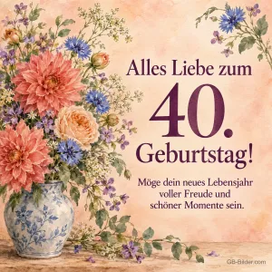 Blumenstrauß in Porzellanvase in Aquarell, Text: Alles Liebe zum 40. Geburtstag!
