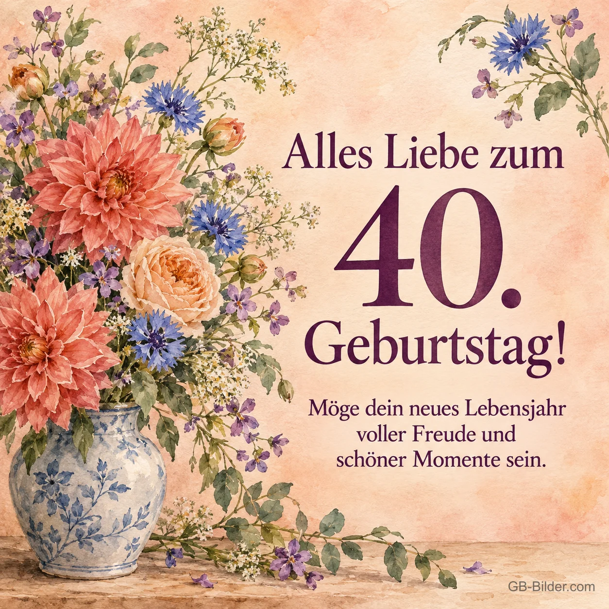 Blumenstrauß in Porzellanvase in Aquarell, Text: Alles Liebe zum 40. Geburtstag! Blumenstrauß in Porzellanvase in Aquarell, Text: Alles Liebe zum 40. Geburtstag!