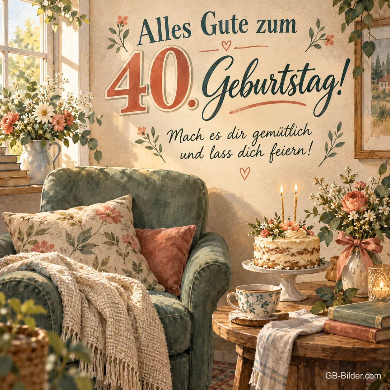 Gemütlicher Sessel neben einer Torte, Text: Alles Gute zum 40. Geburtstag!