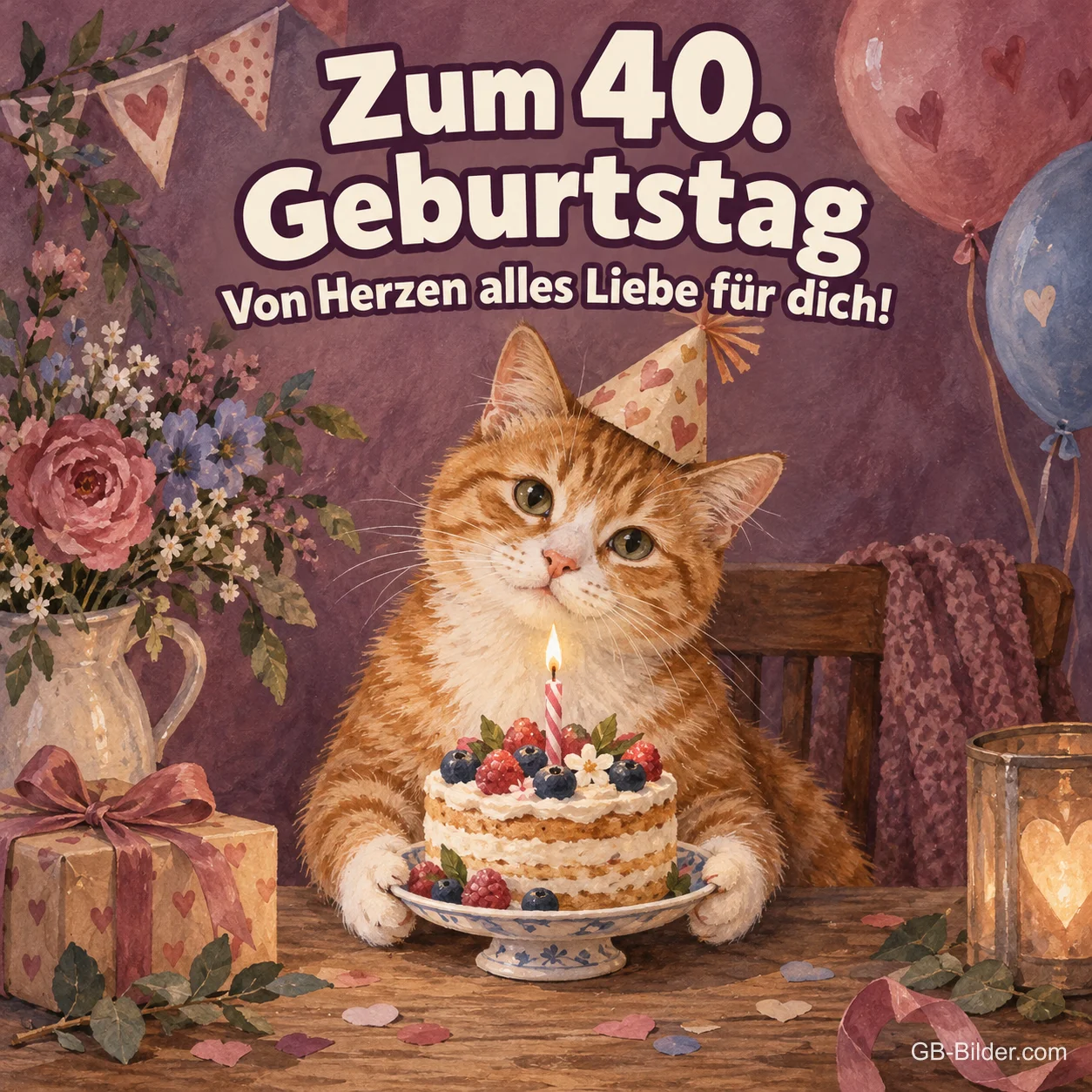 Rote Katze mit Partyhut hinter einer Torte, Text: Zum 40. Geburtstag – Von Herzen alles Liebe für dich! Rote Katze mit Partyhut hinter einer Torte, Text: Zum 40. Geburtstag – Von Herzen alles Liebe für dich!