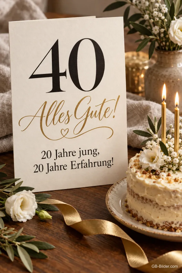 Karte mit der Zahl 40 neben Torte, Text: 40 – Alles Gute! 20 Jahre jung, 20 Jahre Erfahrung!