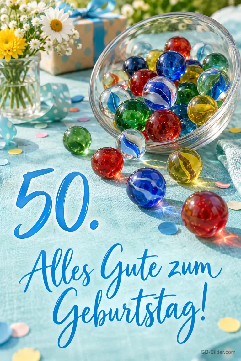 Bunte Glasmurmeln in einer Schale auf einem Festtisch, Text: 50. – Alles Gute zum Geburtstag!