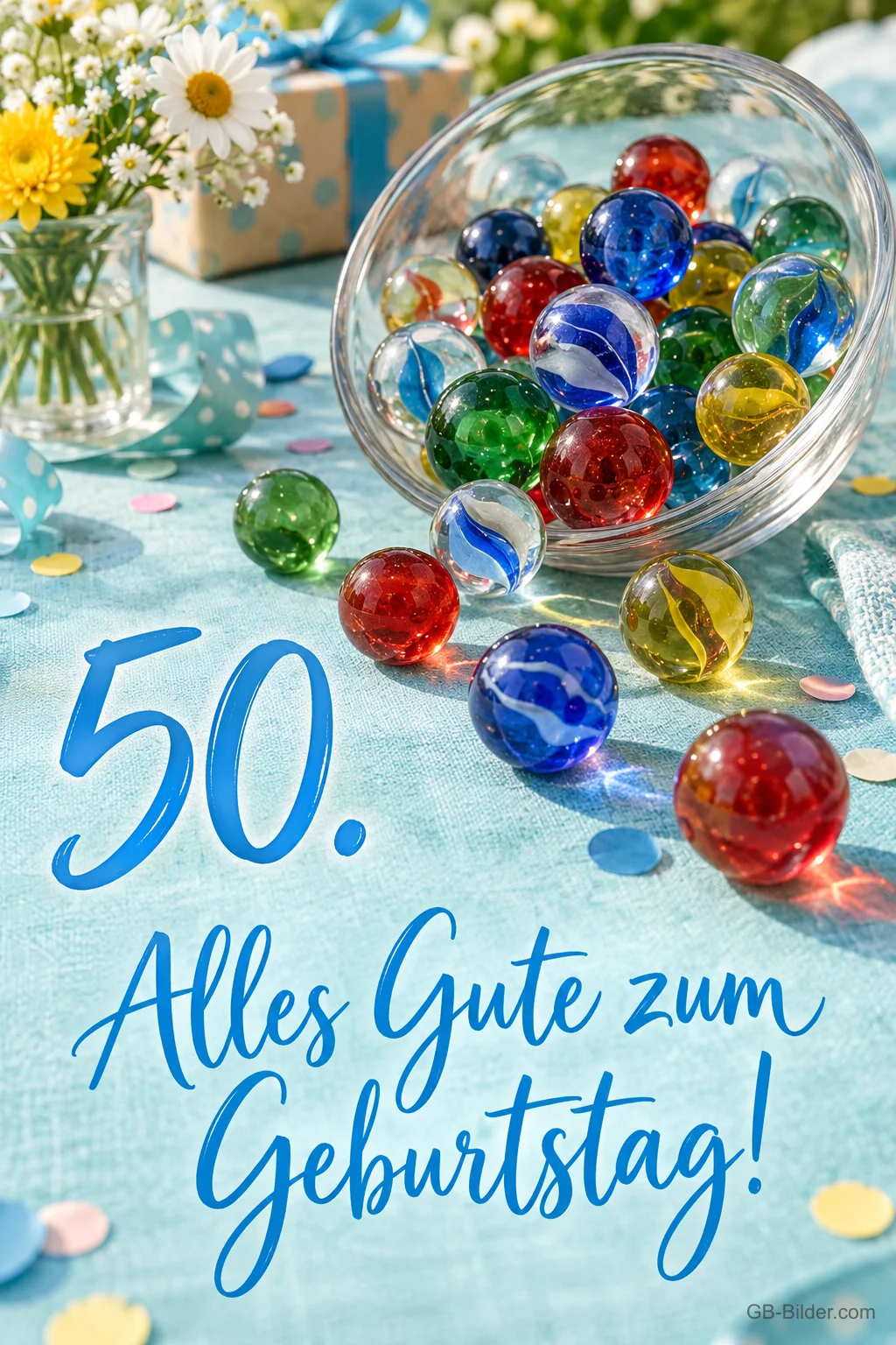 Bunte Glasmurmeln in einer Schale auf einem Festtisch, Text: 50. – Alles Gute zum Geburtstag!
