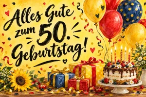 Geburtstagstorte mit Kerzen, Geschenke und Luftballons, Text: Alles Gute zum 50. Geburtstag!