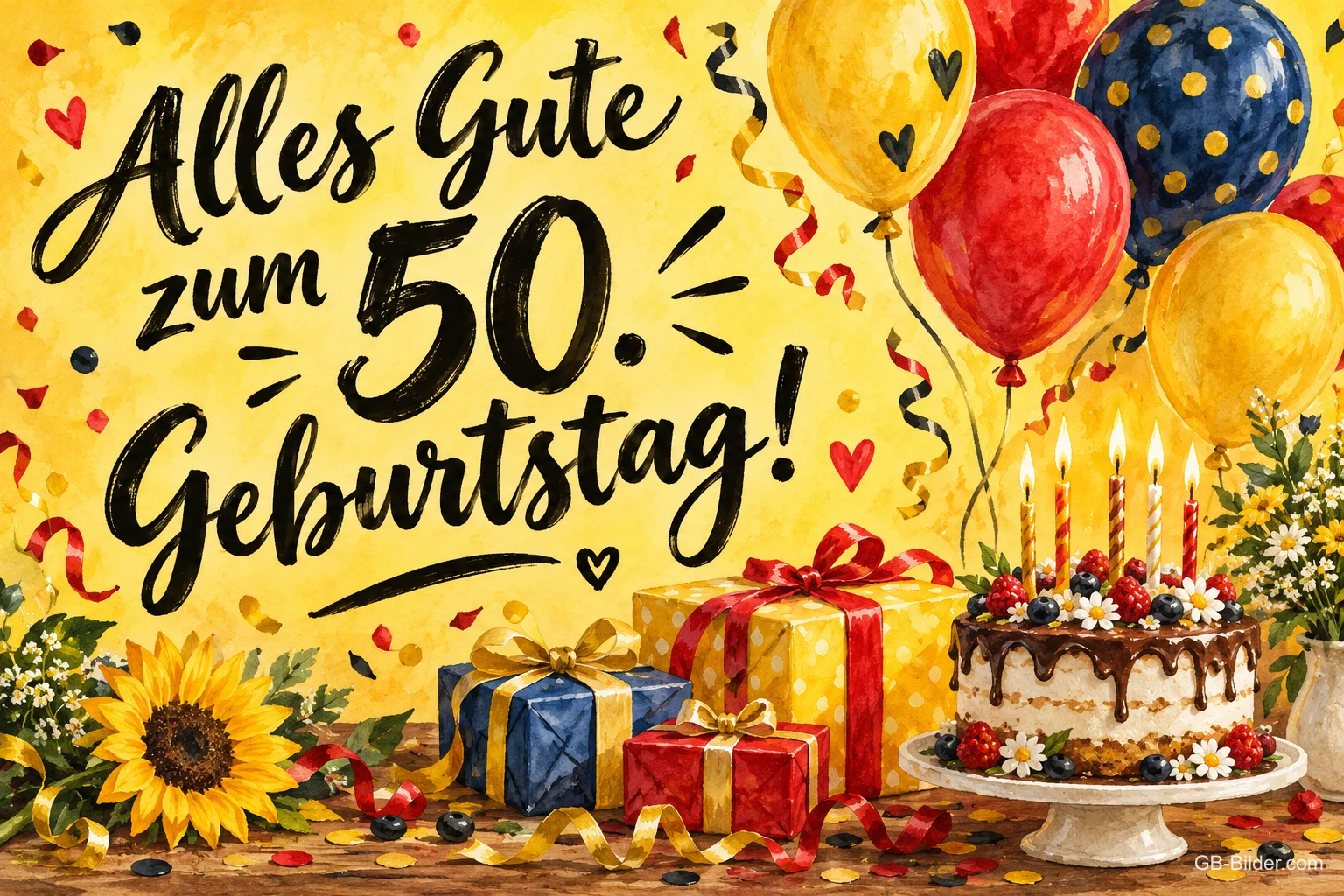 Geburtstagstorte mit Kerzen, Geschenke und Luftballons, Text: Alles Gute zum 50. Geburtstag!