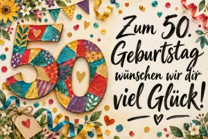 Bunte Zahl 50 zwischen Konfetti und Wimpeln, Text: Zum 50. Geburtstag – wünschen wir dir viel Glück!