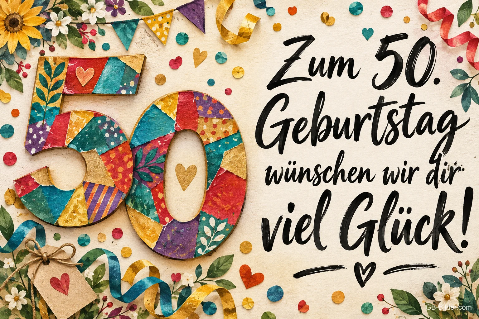 Bunte Zahl 50 zwischen Konfetti und Wimpeln, Text: Zum 50. Geburtstag – wünschen wir dir viel Glück!
