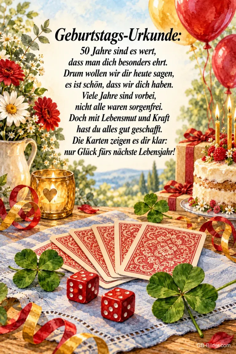 Spielkarten, Würfel und Kleeblätter vor Torte und Luftballons, Text: Geburtstags-Urkunde: 50 Jahre sind es wert, dass man dich besonders ehrt. Drum wollen wir dir heute sagen, es ist schön, dass wir dich haben. Viele Jahre sind vorbei, nicht alle waren sorgenfrei. Doch mit Lebensmut und Kraft hast du alles gut geschafft. Die Karten zeigen es dir klar: nur Glück fürs nächste Lebensjahr!