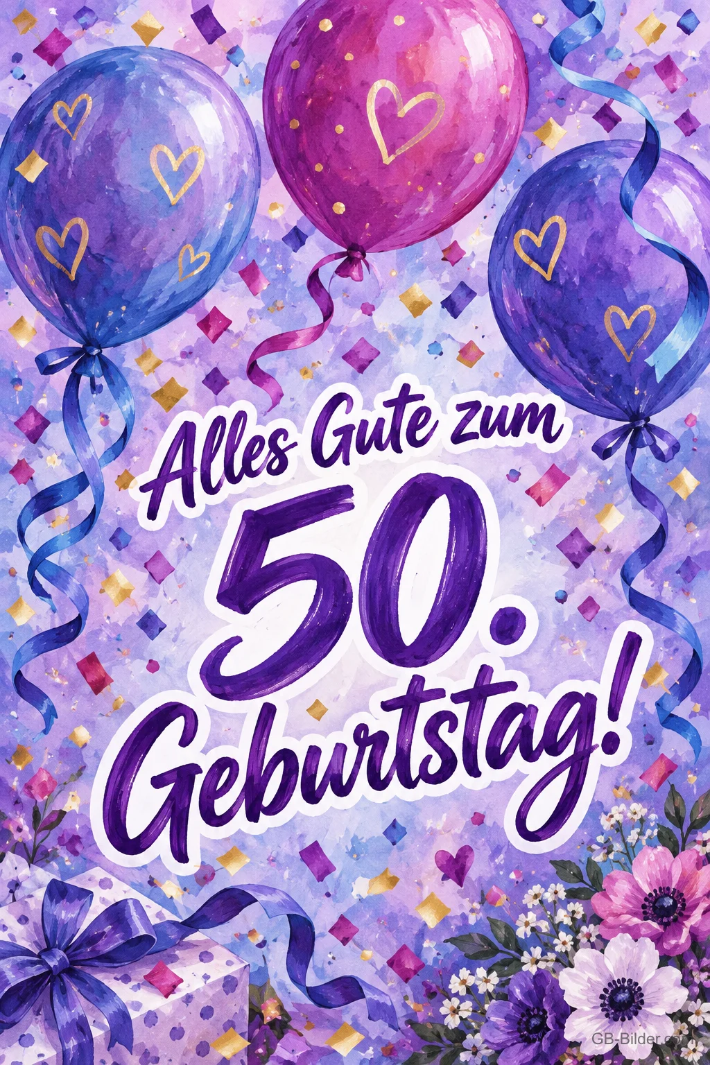 Lila Luftballons mit Herzen und Konfetti, Text: Alles Gute zum 50. Geburtstag!