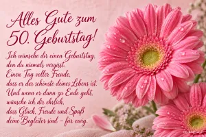 Pinke Gerbera auf rosa Grund, Text: Alles Gute zum 50. Geburtstag! Ich wünsche dir einen Geburtstag, den du niemals vergisst. Einen Tag voller Freude, dass er der schönste deines Lebens ist. Und wenn er dann zu Ende geht, wünsche ich dir ehrlich, dass Glück, Freude und Spaß deine Begleiter sind – für ewig.