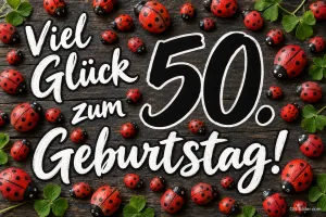 Viele rote Marienkäfer um die Zahl 50, Text: Viel Glück zum 50. Geburtstag!