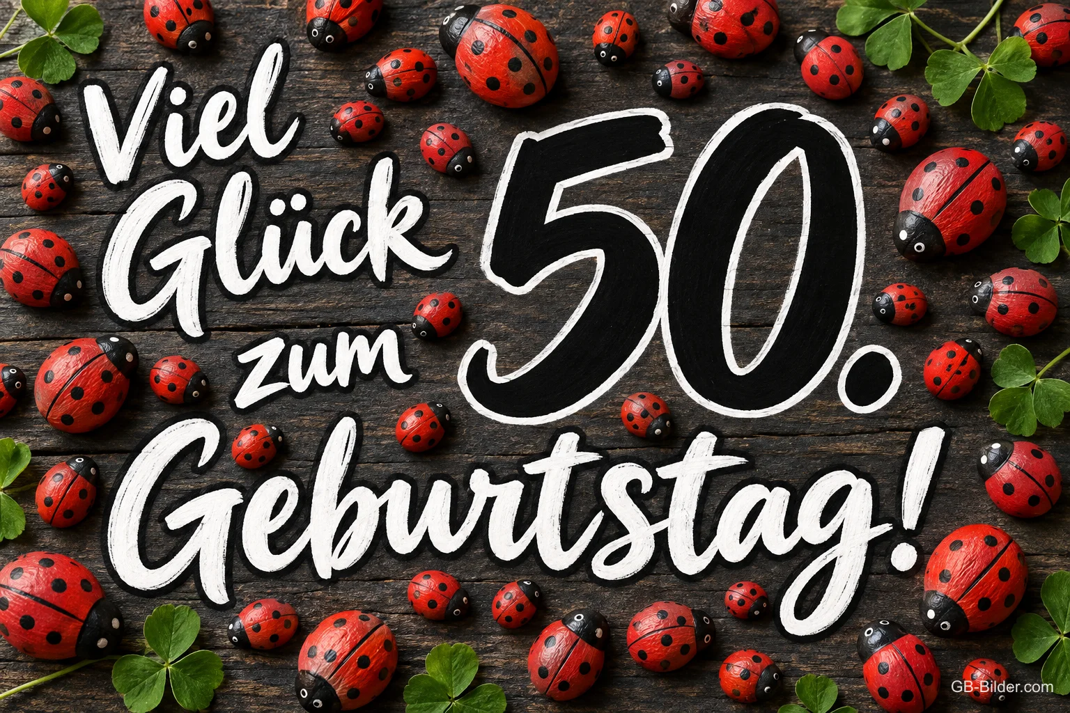 Viele rote Marienkäfer um die Zahl 50, Text: Viel Glück zum 50. Geburtstag!
