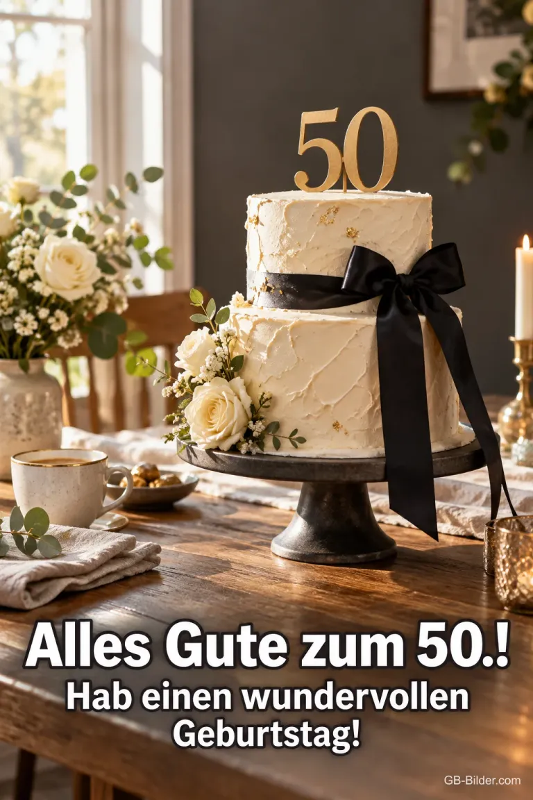 Torte mit schwarzer Schleife und goldener 50, Text: Alles Gute zum 50.! Hab einen wundervollen Geburtstag!