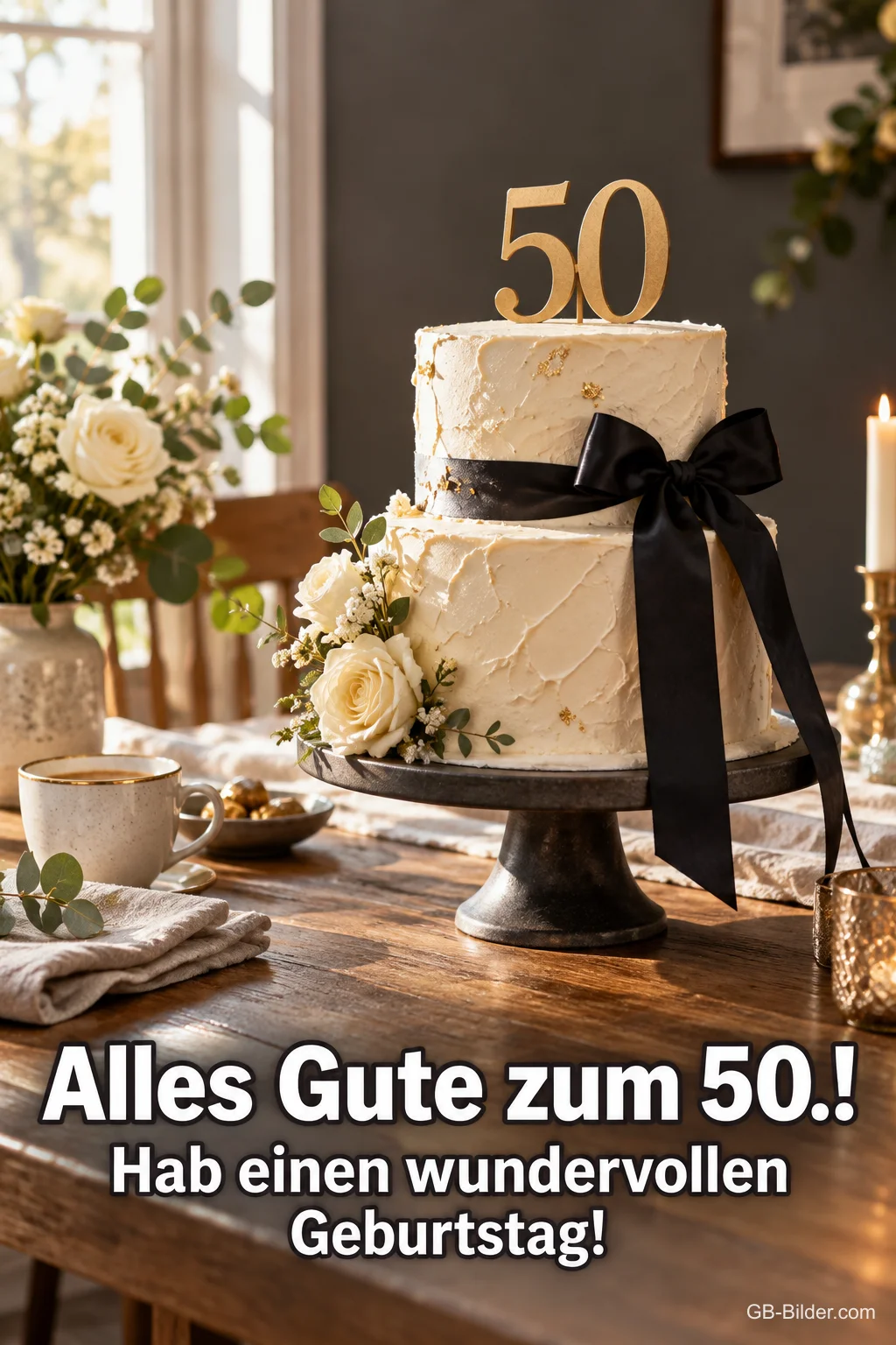 Torte mit schwarzer Schleife und goldener 50, Text: Alles Gute zum 50.! Hab einen wundervollen Geburtstag!