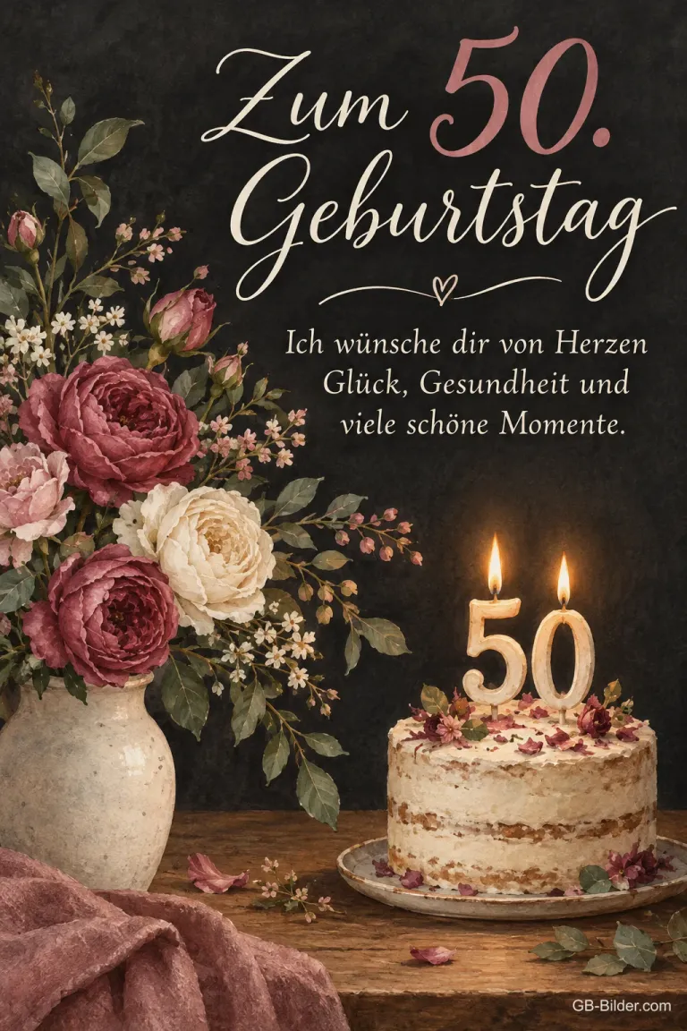 Torte mit 50-Kerzen und Rosen, Text: Zum 50. Geburtstag