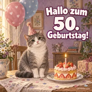 Katze neben Erdbeertorte mit Luftballons, Text: Hallo zum 50. Geburtstag!