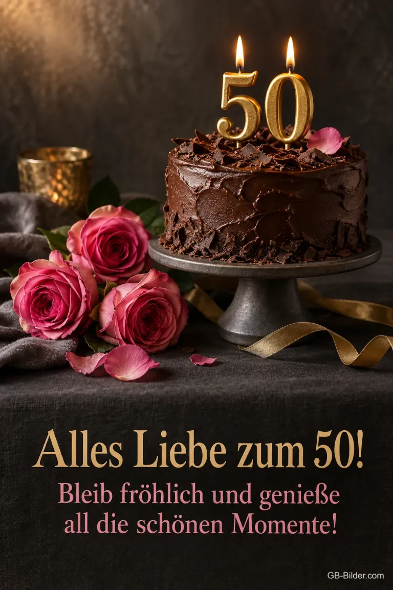 Schokoladentorte mit 50-Kerzen und Rosen, Text: Alles Liebe zum 50! Bleib fröhlich und genieße all die schönen Momente!