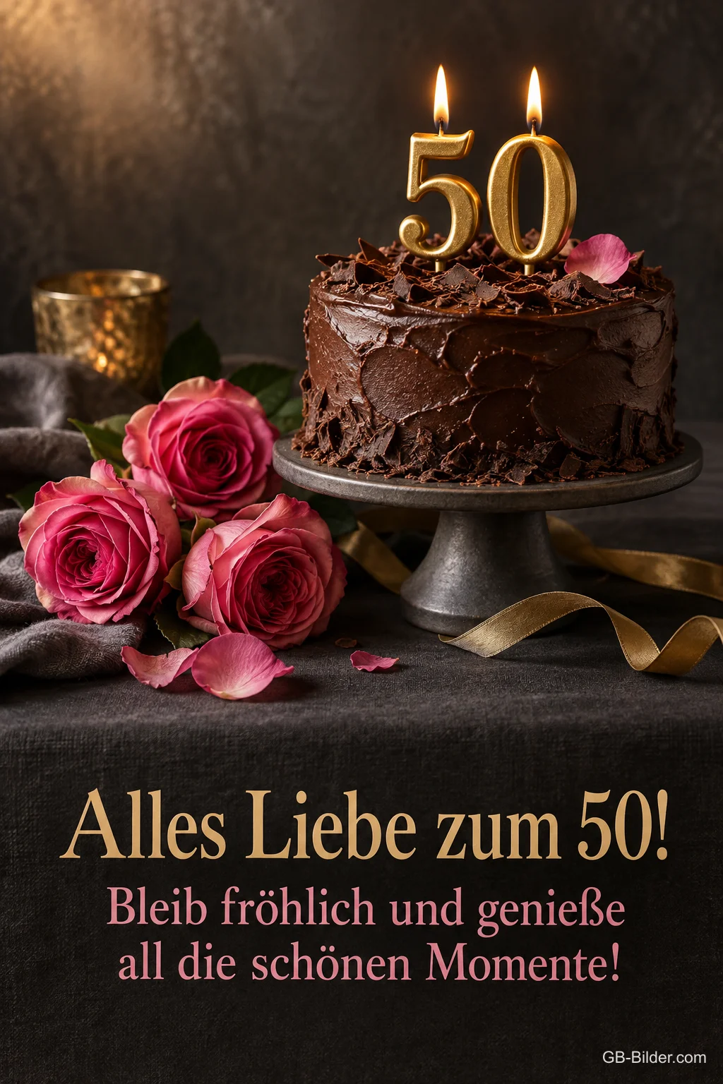 Schokoladentorte mit 50-Kerzen und Rosen, Text: Alles Liebe zum 50! Bleib fröhlich und genieße all die schönen Momente! Schokoladentorte mit 50-Kerzen und Rosen, Text: Alles Liebe zum 50! Bleib fröhlich und genieße all die schönen Momente!