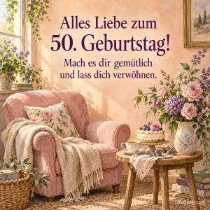 Rosa Sessel mit Torte und Tee, Text: Alles Liebe zum 50. Geburtstag!