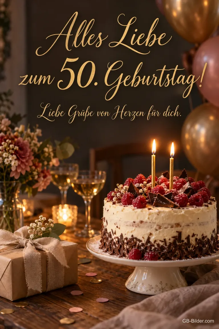 Himbeertorte mit Kerzen und Sektgläsern, Text: Alles Liebe zum 50. Geburtstag!