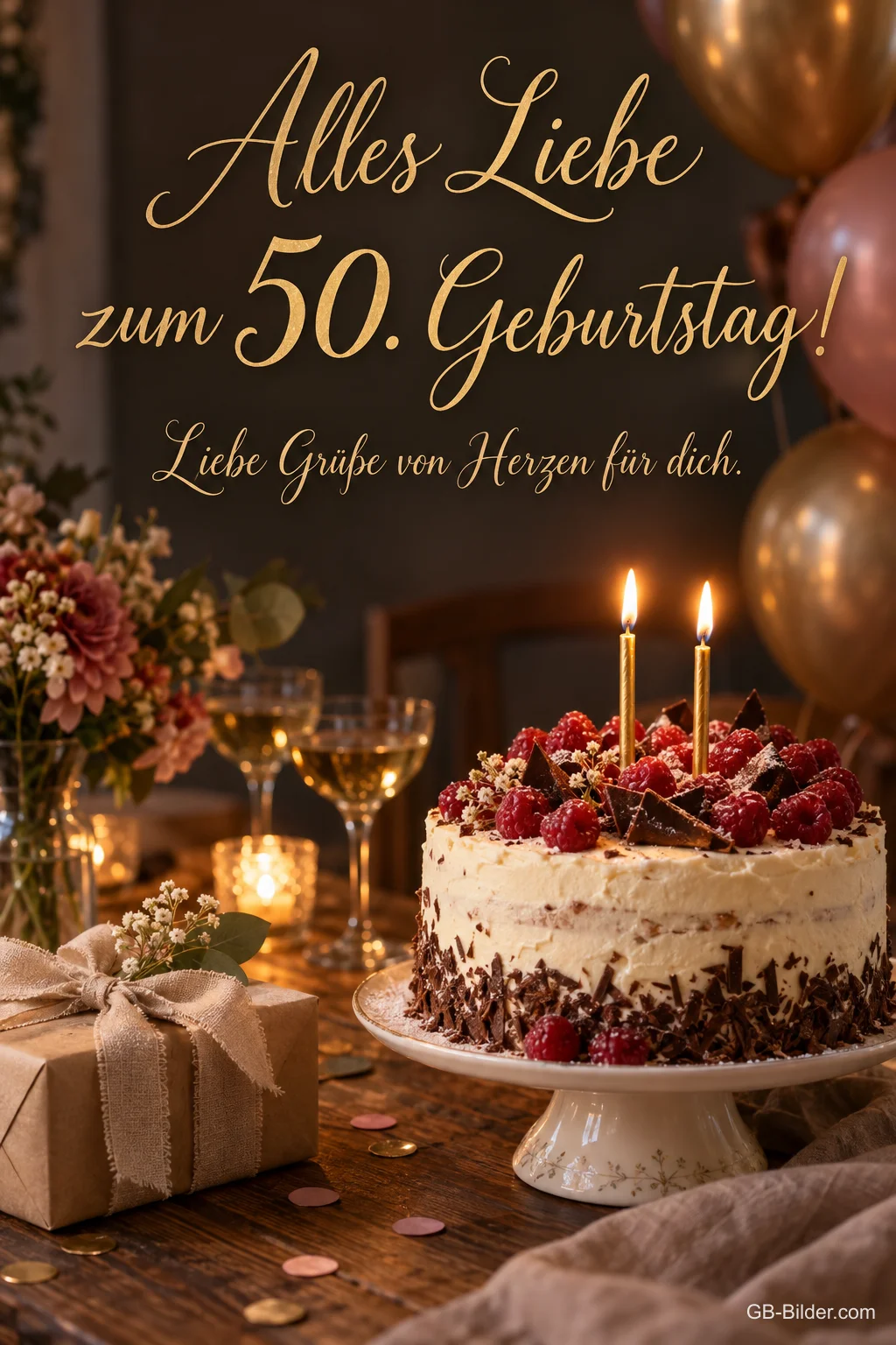 Himbeertorte mit Kerzen und Sektgläsern, Text: Alles Liebe zum 50. Geburtstag! Himbeertorte mit Kerzen und Sektgläsern, Text: Alles Liebe zum 50. Geburtstag!