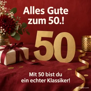 Goldene 50 mit Geschenk auf rotem Samt, Text: Alles Gute zum 50.! Mit 50 bist du ein echter Klassiker!