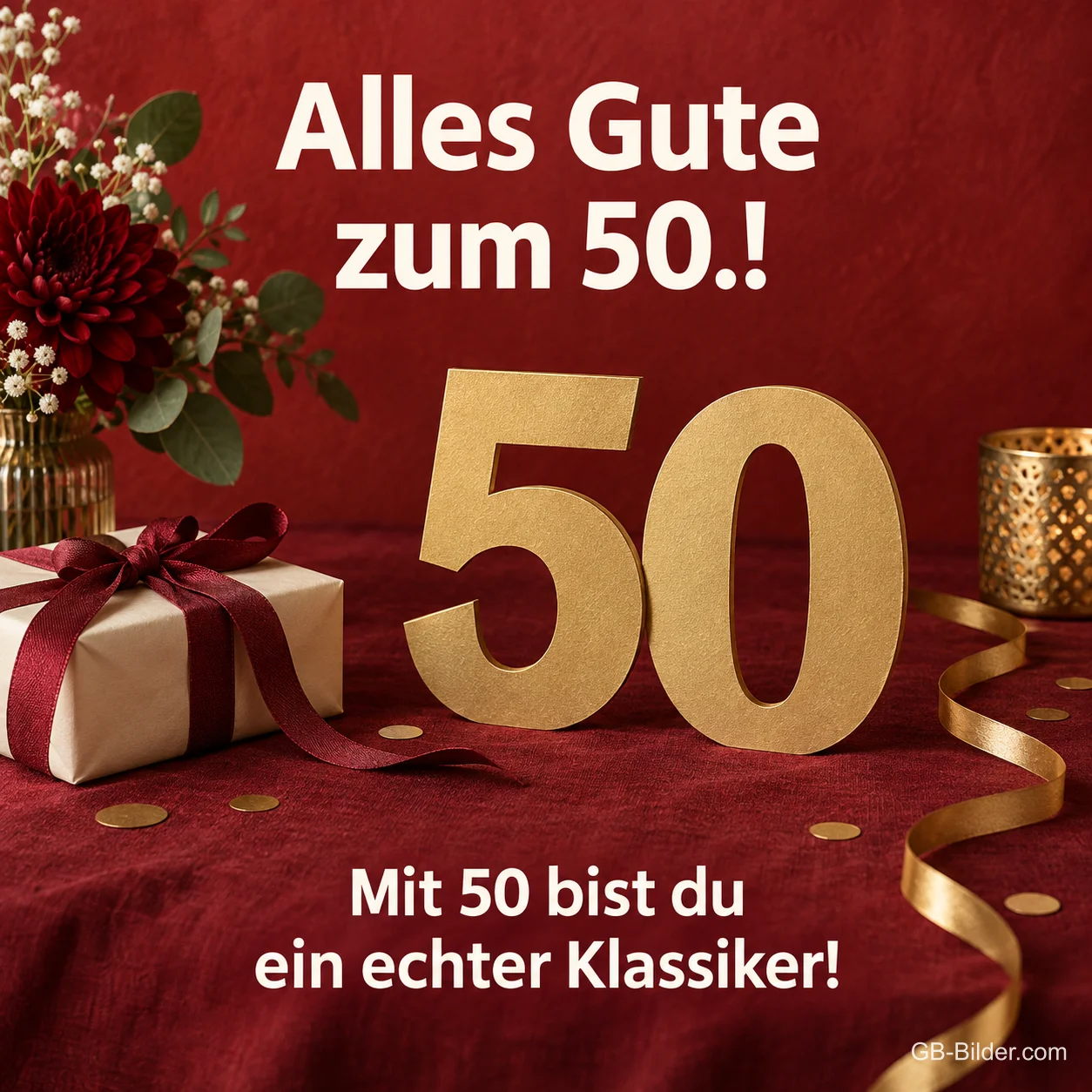 Goldene 50 mit Geschenk auf rotem Samt, Text: Alles Gute zum 50.! Mit 50 bist du ein echter Klassiker!
