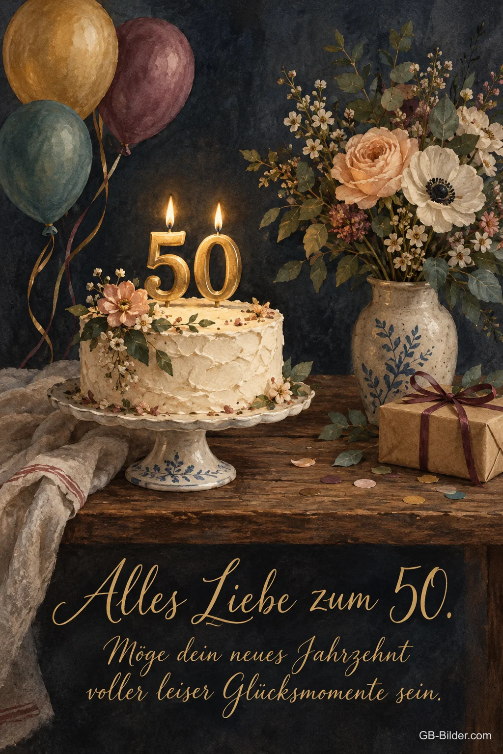 Torte mit 50-Kerzen, Blumen und Luftballons, Text: Alles Liebe zum 50.