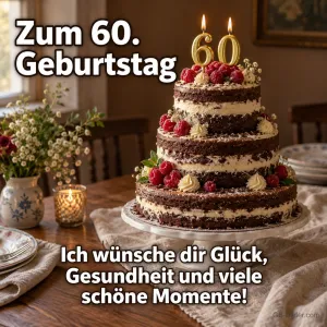 Schichttorte mit 60-Kerzen, Text: Zum 60. Geburtstag – Glück, Gesundheit und viele schöne Momente!
