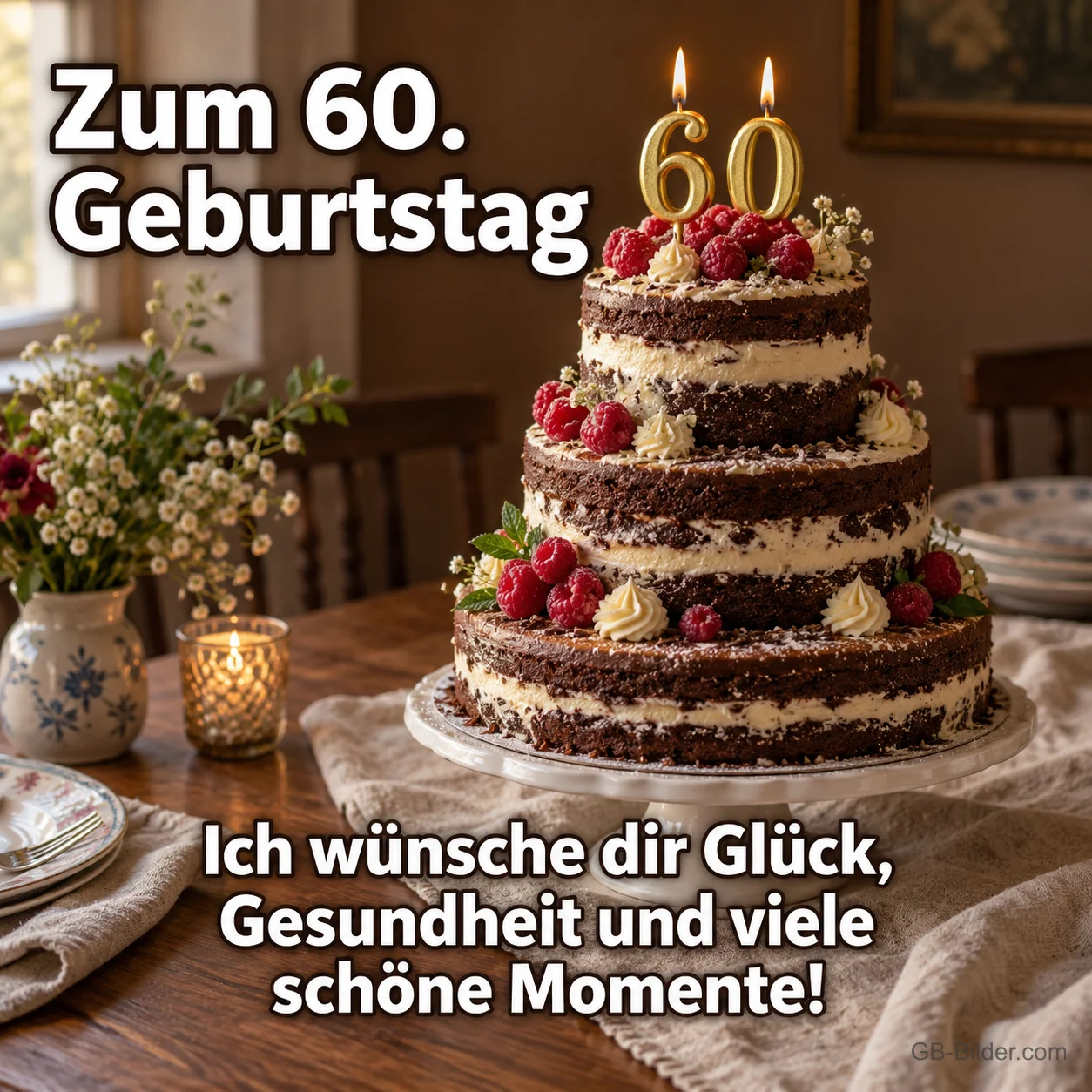 Schichttorte mit 60-Kerzen, Text: Zum 60. Geburtstag – Glück, Gesundheit und viele schöne Momente!
