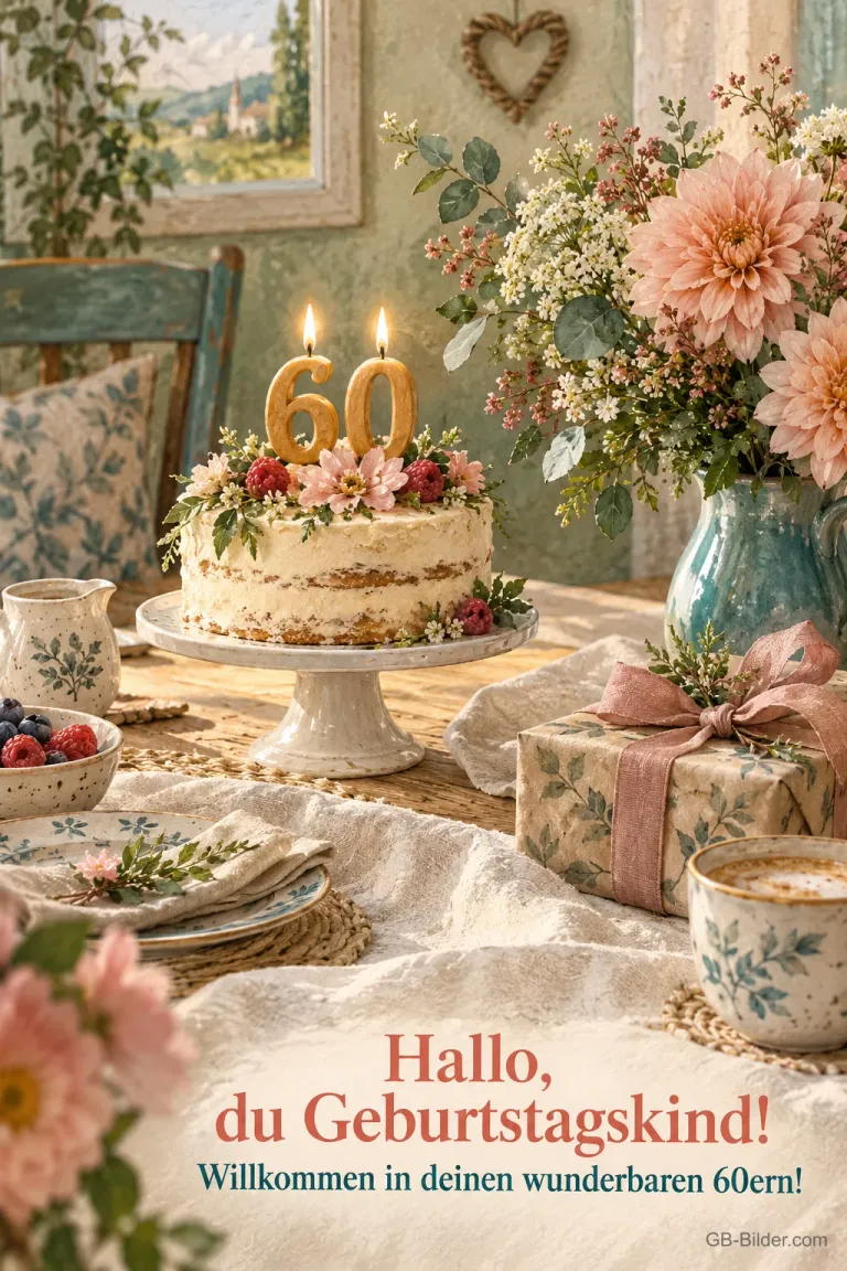 Torte mit 60-Kerzen zwischen Blumen, Text: Hallo, du Geburtstagskind! Willkommen in deinen wunderbaren 60ern!
