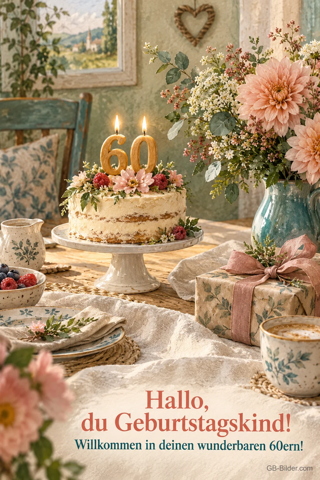Torte mit 60-Kerzen zwischen Blumen, Text: Hallo, du Geburtstagskind! Willkommen in deinen wunderbaren 60ern!
