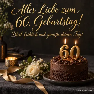 Schokoladentorte mit 60-Kerzen und Rose, Text: Alles Liebe zum 60. Geburtstag! Bleib fröhlich und genieße deinen Tag!