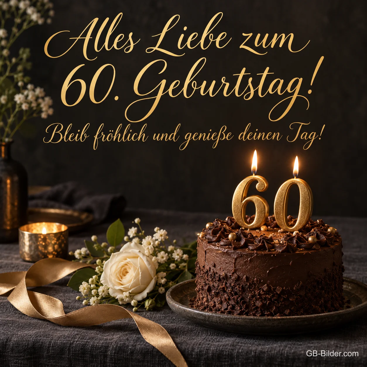 Schokoladentorte mit 60-Kerzen und Rose, Text: Alles Liebe zum 60. Geburtstag! Bleib fröhlich und genieße deinen Tag!