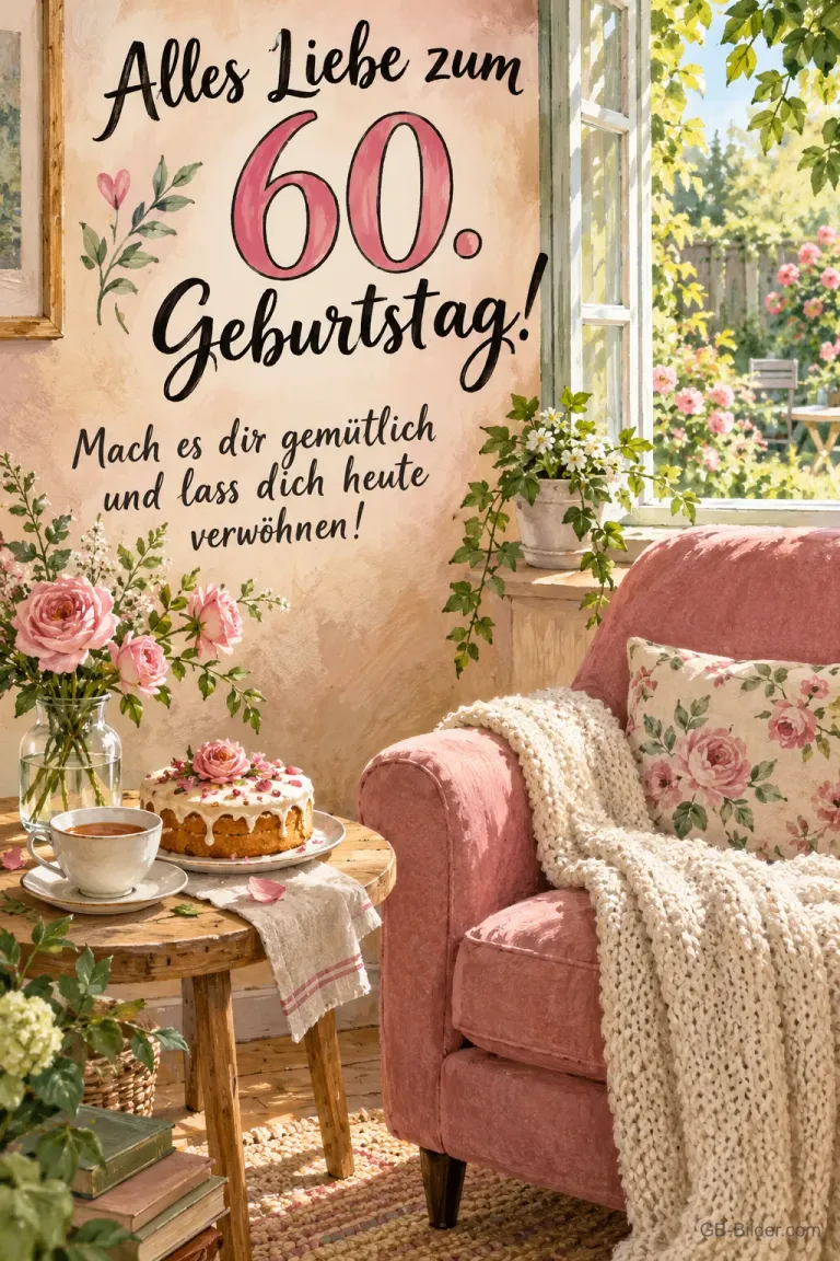 Gemütlicher Sessel mit Kuchen und Tee, Text: Alles Liebe zum 60. Geburtstag! Lass dich heute verwöhnen!
