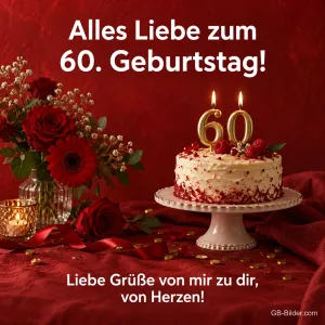 Torte mit 60-Kerzen und roten Rosen, Text: Alles Liebe zum 60. Geburtstag! Liebe Grüße von Herzen!