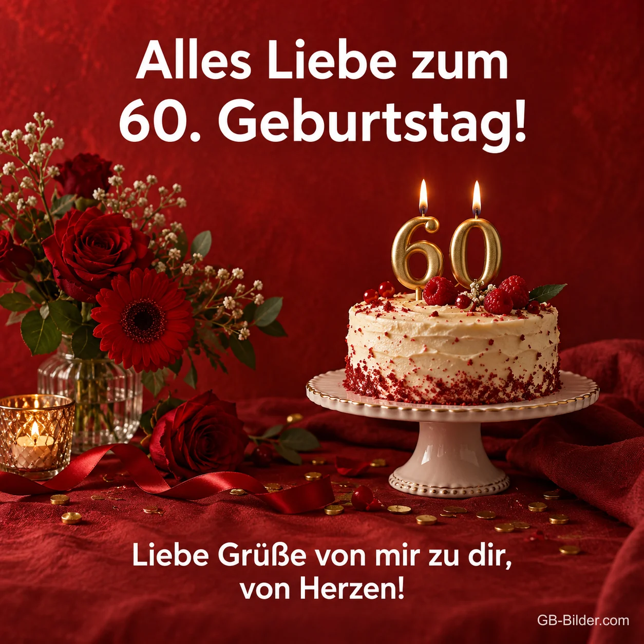 Torte mit 60-Kerzen und roten Rosen, Text: Alles Liebe zum 60. Geburtstag! Liebe Grüße von Herzen!