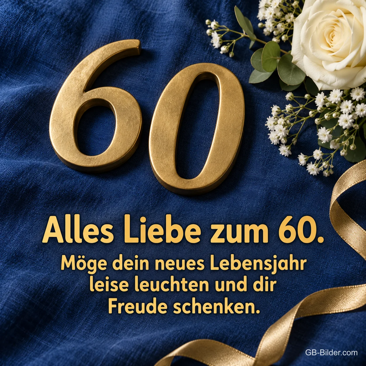Goldene 60 auf blauem Stoff mit Rosen, Text: Alles Liebe zum 60. Möge dein neues Lebensjahr leise leuchten.