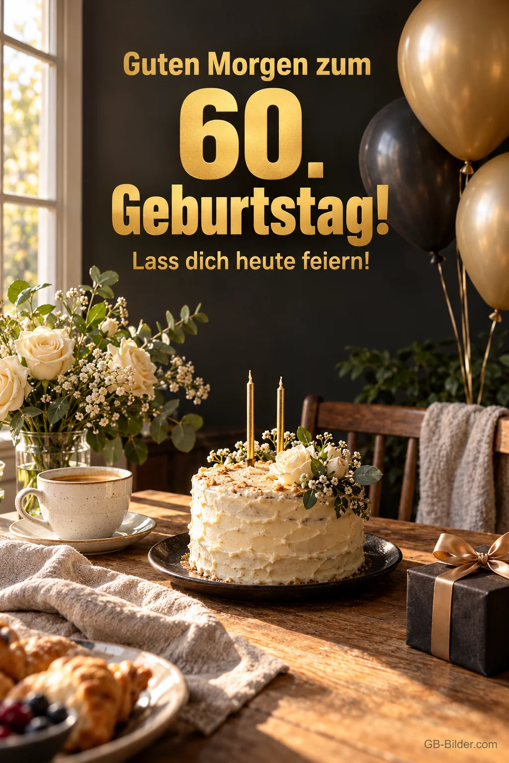 Geburtstagstorte und Luftballons am Frühstückstisch, Text: Guten Morgen zum 60. Geburtstag! Lass dich heute feiern!