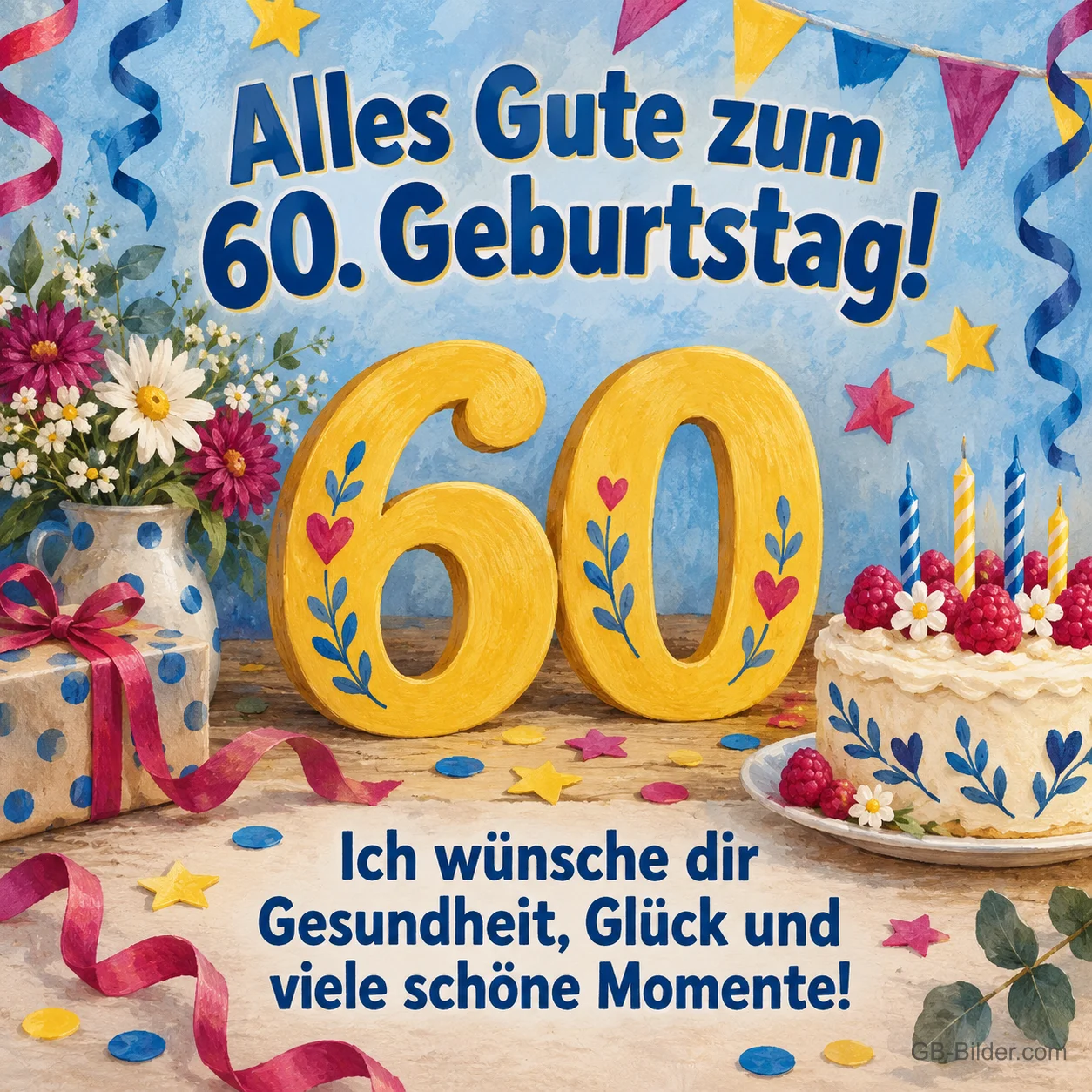 Bemalte 60 mit Torte und Blumen, Text: Alles Gute zum 60. Geburtstag! Gesundheit, Glück und viele schöne Momente!