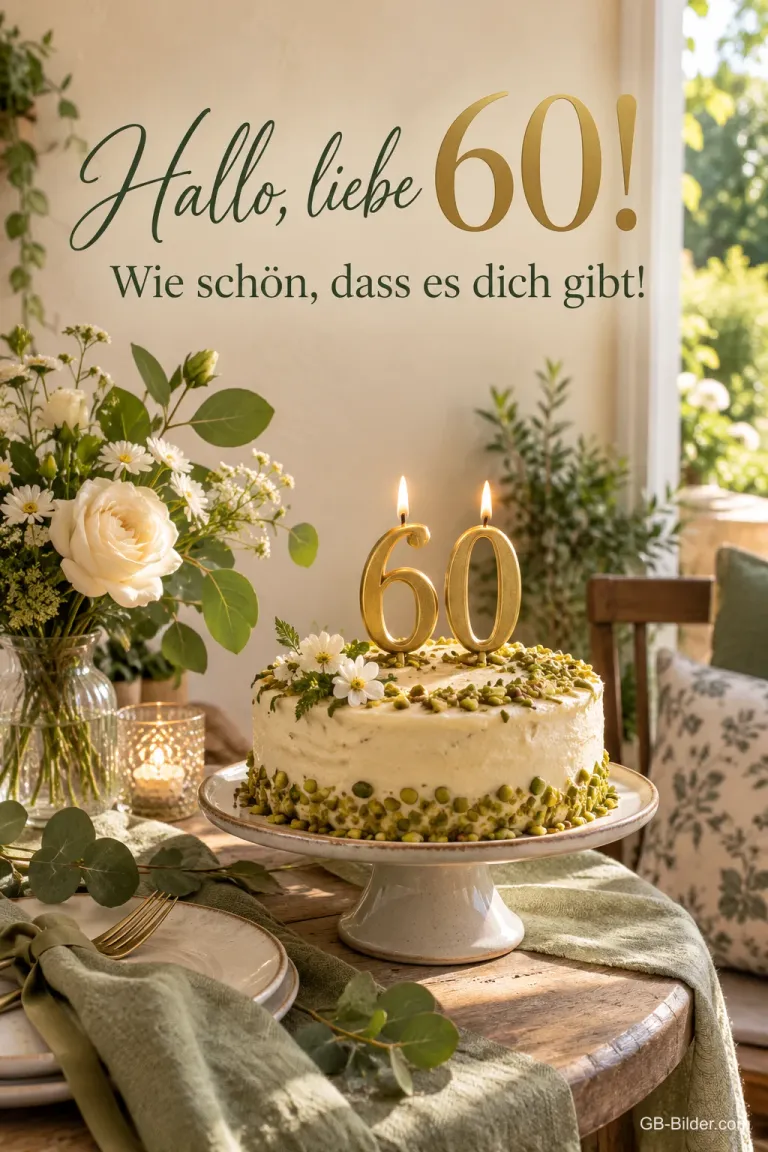 Pistazientorte mit 60-Kerzen, Text: Hallo, liebe 60! Wie schön, dass es dich gibt!